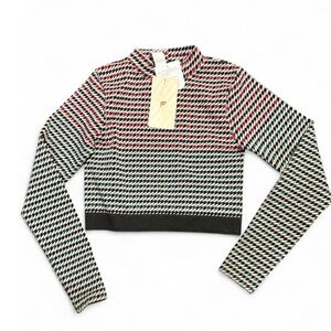 Fabletics Red green, white and Black Houndstooth long sleeve mock neck crop Top